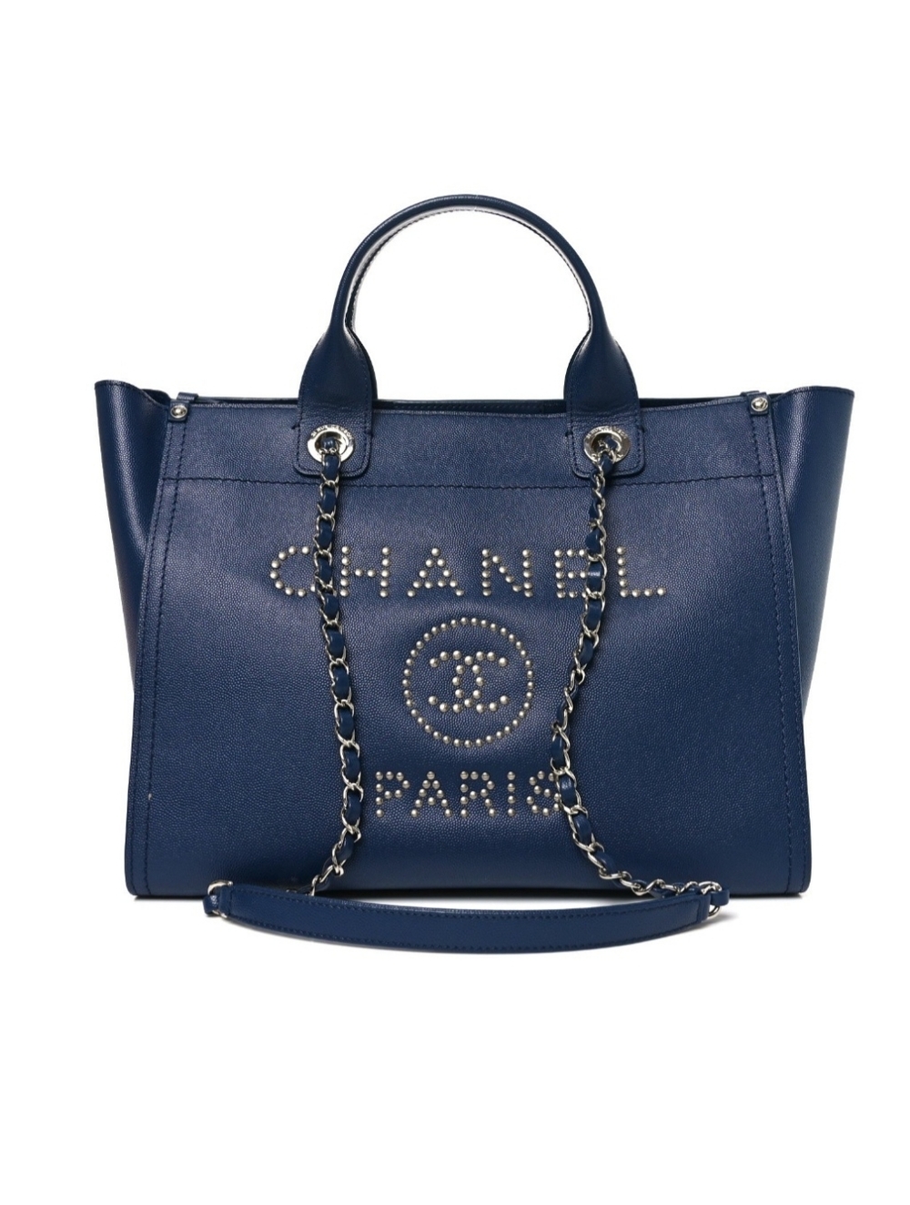 CHANEL Small Caviar Navy Studded Chain-Handle Tote